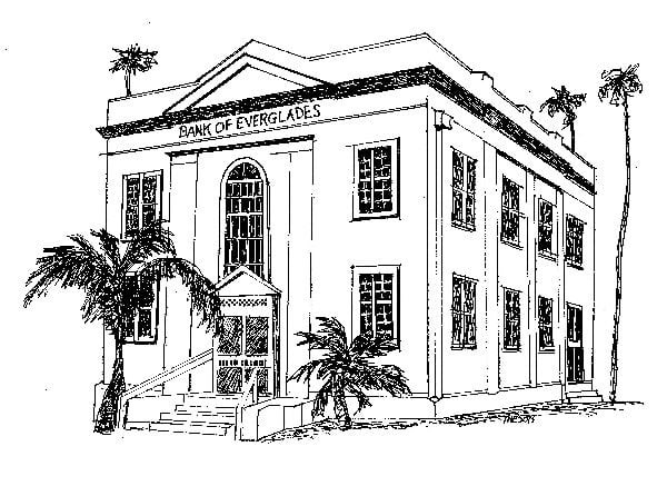 A black-and-white line drawing depicts the Bank of Everglades.